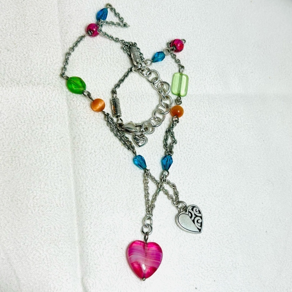 Brighton Deco Bright Necklace Colorful Beaded Heart Pendants Silver Plated 18" - Picture 5 of 9